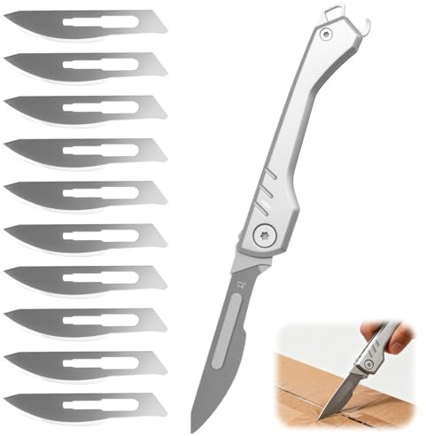 Eddrfy Navaja pequeña plegable, cuchillo de bolsillo compacto con 10 cuchillas de repuesto, navaja llavero de acero inoxidable para camping, bricolaje, cortar cartón y uso diario