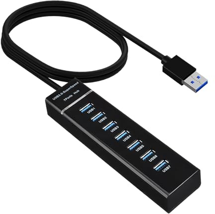 7 Port USB 3.0 Hub mit 150CM Kabel, USB Verteiler Datenhub Splitter Verteiler Adapter für Laptop PC Computer Notebook Windows Mac Linux OTG Geräte SuperSpeed 5Gbps Plug and Play Multihub