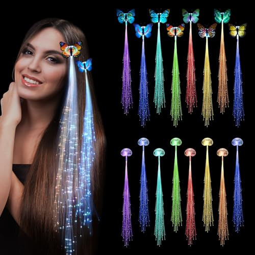 Ainiv 16 Pzs Accesorios para el Cabello con Luces LED, Cabello Trenzado Fibra Óptica Brillante Forma Pinzas, Suministros Regalo Fiestas, Adecuados Para Cumpleaños, Halloween, Navidad
