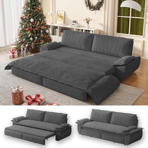 UPYOOE 73.2 Futon Sofa Bed Queen Size, Pull Out Bed, 3-in-1 Convertible Sleeper Sofa with Cushion Armrest, Modern Corduroy Futon Couch for Living Room, Small Space, Apartment, Bedroom, Grey