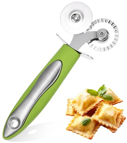 Pastry Wheel Cutter Tool, Double Wheels Pastry Cutter Wheel Fluted Pasta Ravioli Cutters Tool with Wooden Handle for Pasta Pizza Ravioli Cookie