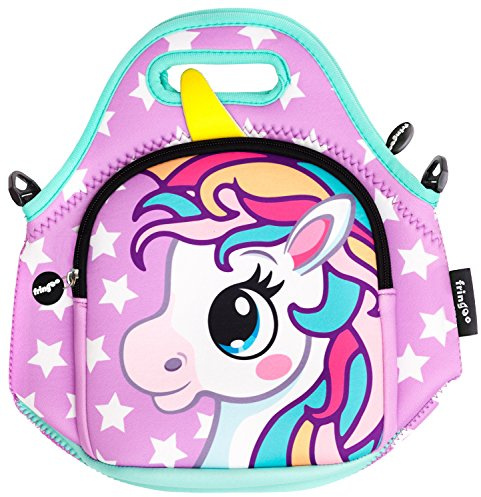 Fringoo® Kids Lunch Bag - Made from Neoprene Thermal Insulated Material - School Lunch Bag - Zipped Pocket Shoulder Strap (Unicorn Purple Stars)