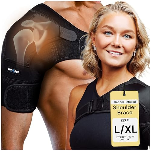 ZENKEYZ Shoulder Brace for Men & Women - Size L/XL (Chest 38-50) - Black/Copper - Copper-Infused Compression Sleeve & Rotator Cuff Support - Adjustable Strap with Ice/Heat Pocket - Sturdy Arm Sling for Joint Stability