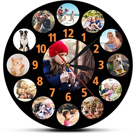 xinxin Reloj de Pared Personalizado Collage de Fotos Familiares 13 Fotos de Instagram con número Naranja Fondo Negro Reloj Grande para Colgar en la Pared Regalo Personalizado