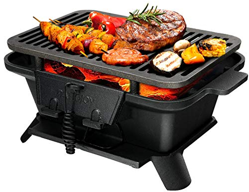 COSTWAY Campinggrill Gusseisen, 2-stufige Grillhöhe, BBQ Holzkohlegrill Holzkohle, Grilltopf mit Grillrost, Grill für Picknick Camping im Freien, tragbar, 40 x 27 x 18 cm