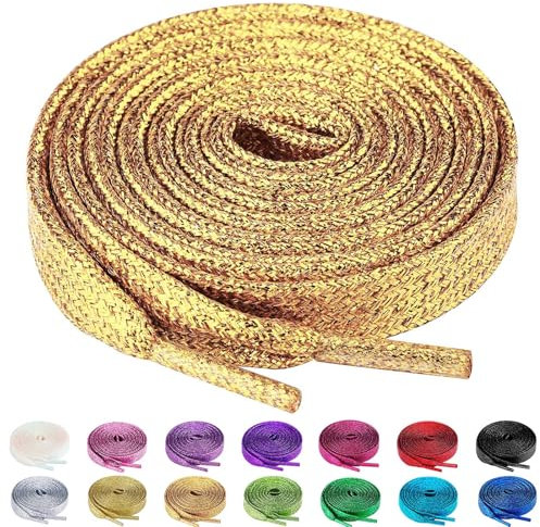 Olukssck 2 Paires Lacets Plats Pailletés Premium, Lacets de Remplacement de 10mm de Qualité Supérieure pour Chaussures de Sport, Chaussures de Ville, Or Foncé, 120cm
