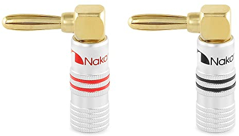 Nakamichi 24K vergoldeter Bananenstecker 12 AWG - 18 AWG Gauge Größe 4mm für Lautsprecher Verstärker Hi-Fi AV Receiver Stereo Heimkino Audiokabel Stecker Rechtwinkliger Stecker, 2 Stück (1-Paar)