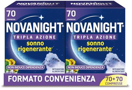 Novanight Tripla Azione Melatonina per Dormire, Integratori per Dormire, Disturbi del Sonno - Senza Glutine, con Melatonina, Escolzia, Passiflora, Melissa, Non Induce Dipendenza (70+70 Compresse)