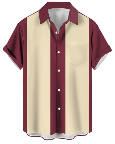 Camisas de Bolos Vintage para Hombre de los años 1950, Camisas Casuales de Manga Corta con Botones, Camisa contrastante de Verano con Bloques de Color, Camisas cubanas, L