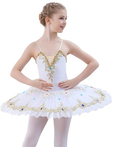 FONLAM Ballettkleid für Mädchen Tänzerin Kostüm Balletttrikot Tanzkleid Tanztrikot Ballettkleidung Besticktes Ballett Tutu Kinder (Weiß, 5-6 Jahre)