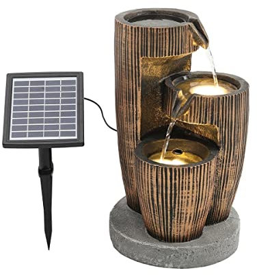 LQSSA Fuente de Agua para jardín al Aire Libre Fuente de Bomba de Cascada Solar Fuente de Agua de Barril en Cascada al Aire Libre y luz LED Fuentes de cascadas de pie para Patio de casa Decoration