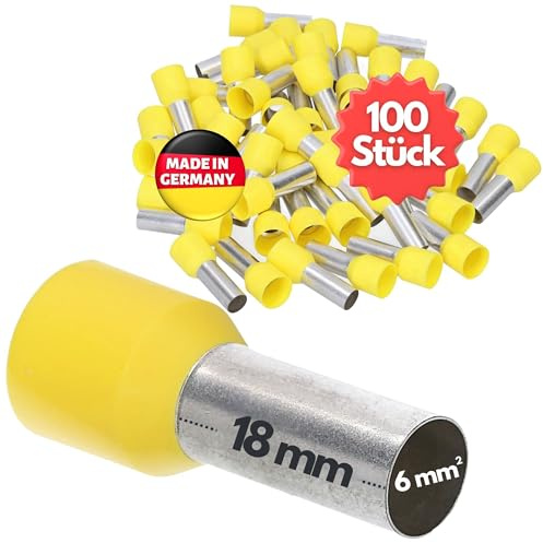 100 stycken Kalitec AE618GR trådhylsor isolerade 6,0 mm² 18 mm lång gul I tillverkad i Tyskland I industriell kvalitet
