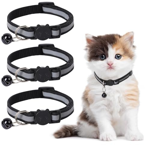 Guittly Katzenhalsband 3 Stück Reflektierend Katzenhalsbänder, Schwarz Verstellbar Katzen Halsbänder mit Glocke und Sicherheitsverschluss für Kitten, Kleine Katze (Schwarz, 3Stück)