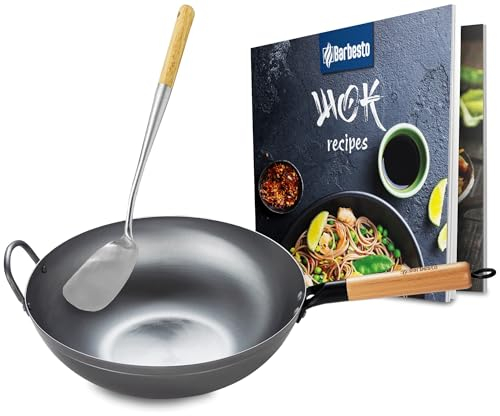 CLP Wok-Set aus Karbonstahl I Flacher oder runder Boden für Gas, Induktion und Grill I Wokpfanne mit Holzgriff, Rezeptbuch & Wokwender, Form:flach