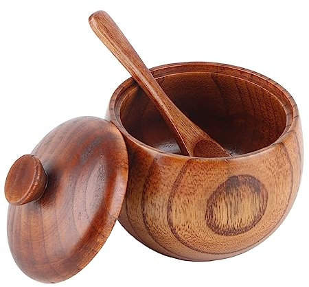 Jwthee Contenedor de azúcar, caja de sal de madera, tarro de especias de madera maciza, azucarero, tarro de especias redondo, caja de condimentos de sal y pimient