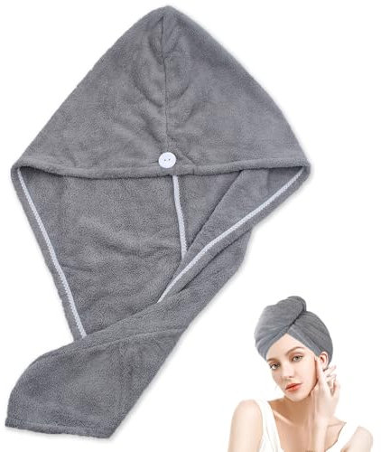 JJHXM Toalla Microfibra Pelo con Botones, Turbante Anti Frizz Súper Absorbente Rápido Secado - 1 Pieza (Gris)