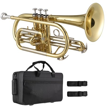 Btuty Bb Cornet, Corneta Profesional de Latón Importado con Boquilla/Estuche de Transporte Protector Ligero/Guantes/Cepillos de Paño, Trompeta para Principiantes, Campana de 4.75 / 12 cm, Oro/Plata