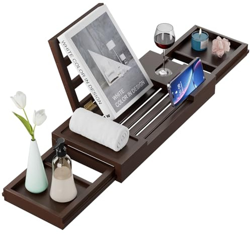 Yirilan Plateau de baignoire en bambou extensible pour 1 ou 2 personnes, en bois, de luxe, extensible, marron