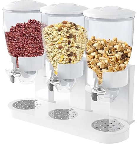 TUAKIMCE Triple Canister Cereal Dispenser - Dry Food Cereal Dispenser for Storage Preserving Dispensing Rice Nuts Granola - Plastic Candy Dispensers for Home and Kitchen - White