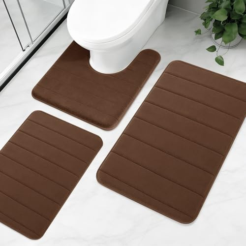NAKIHOUSE Juego de 3 alfombrillas de baño antideslizantes de lujo de espuma viscoelástica gruesa, absorbentes de agua, suaves, lavables a máquina, para suelo de baño, color café