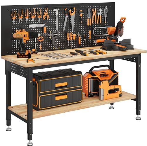 CAMMOO 60 Work Bench Adjustable Height with Storage Shelf, Max Load 2000 LBS Heavy Duty Rubberwood Tabletop with Pegboard, LED Light, Built-in Power Strip for Woodworking Shop, Garage, Home