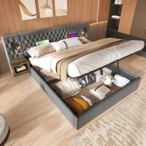 YuQozii Set completo camera da letto, letto imbottito con vano portaoggetti idraulico, letto matrimoniale 180 x 200 cm, con 2 comodini, testiera con luce di lettura e funzione di ricarica USB, velluto