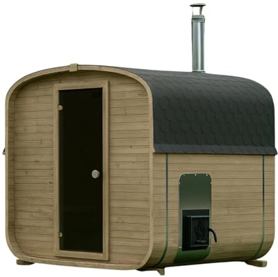 Gardj Fasssauna Garten Outdoor Sauna aus nordischer Fichte – Verschiedene Größen (2–6 Personen) – Wahlweise mit Holz- oder Elektroofen – Inkl. Zubehörset (180 cm, Quadratische, Holzofen)