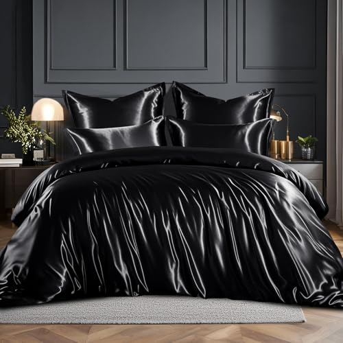 RUIKASI Satin Bedding Set Double Bed - Silky Duvet Cover Set for Hair and Skin, 3 Piece Duvet Set Quilt Cover with 2 Pillowcases, 200x200cm Black