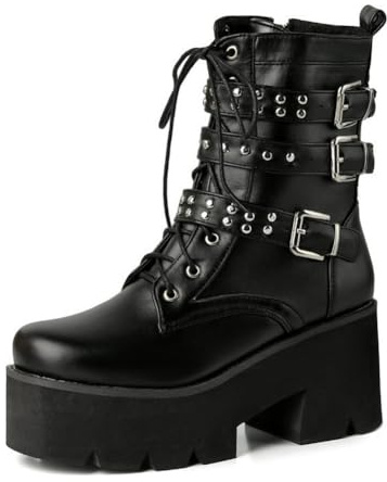 Stivaletti Stringati con Plateau da Donna Tacco Largo Gotici Punk Stivali Anfibi con Borchie,Nero,35 EU