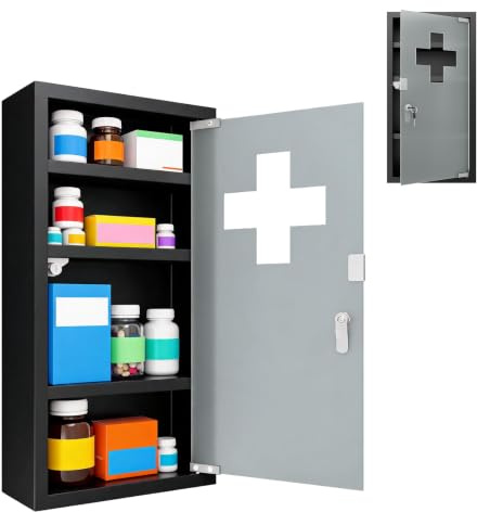ACXIN 30 x 12 x 57,5 cm medicinskåp av rostfritt stål, medicinskåp med 4 fack, hängande apoteksskåp, låsbart läkeskåp, husapotek, förvaring av läkemedel, svart