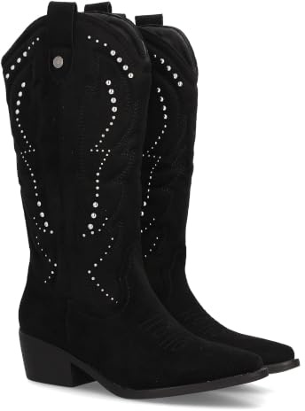 Botas Cowboy de Mujer Estilo Western con Diseno Elegante. Cana Alta con Bordados Decorativos y Tachuelas metalicas. Tacon Ancho de Altura Media, Punta Fina. Ideal Otono Invierno.