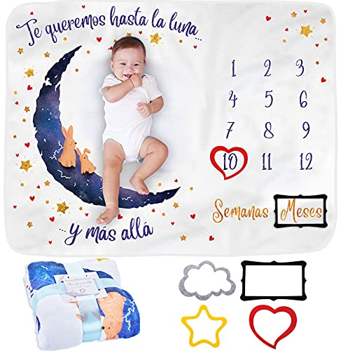 Manta Meses Bebé en Español | Manta Bebe Personalizada, Unisex | Regalo Personalizado De Nacimiento Para Nuevas Mamás | Temática Luna | Suave y Gruesa | Manta Mensual Bebe | Incluye Marcos