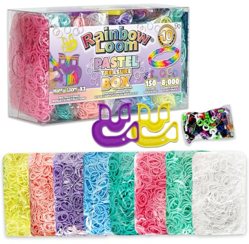 Rainbow Loom® Treasure Box Édition pastel, 8 000 élastiques en 8 couleurs pastel différentes, et un bonus de 2 métiers à tisser, excellentes activités pour garçons et filles de 7 ans et plus
