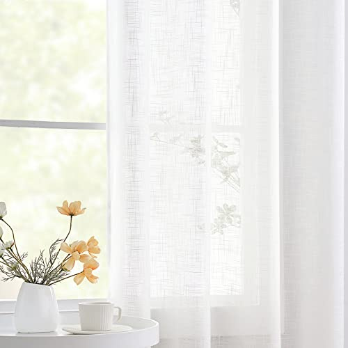 White Linen Semi Sheer Eyelet Curtains 54 Inch Drop Pair for Bedroom | 2 Panels, Faux Linen Textured Window Treatments for Living Room, Light Filtering Window Drapes for Kitchen Dining, All Season