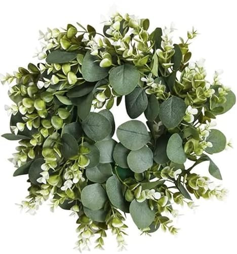 HAOSHCIS Artificial Eucalyptus Wreath with Flowers Faux Green Leaves Eucalyptus Wreath for Front Door Wall Festival Celebration Fireplace Window Party Decor (A)