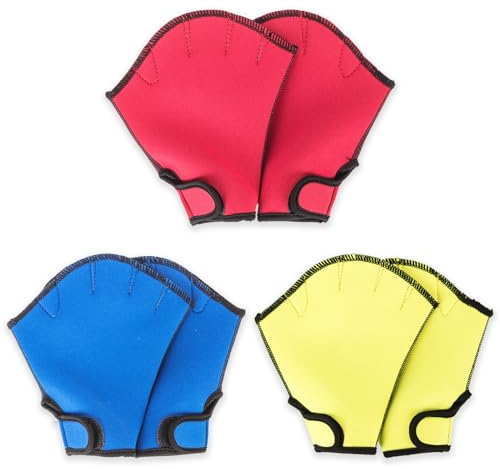 ZALHIN 3 Paar Schwimmhandschuhe(Rot, Blau, Gelb)- Aquatic Schwimmentraining Handschuhe für Den Oberkörperwiderstand, Neopren Handschuhe Fur Schwimmtraining, Schwimmen Zubehör Fur Surfen Schnorcheln