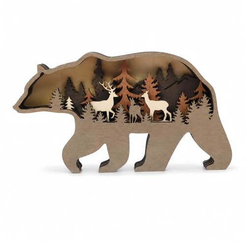 Drawelry 3D Madera Estatua de Animal Adornos Mano Tallada Escultura Bosque Animales Figura Artesanías Decoracion para Escritorio Hogar Sala Estar Oficina Deco Regalos Cumpleaños Navidad (Oso)