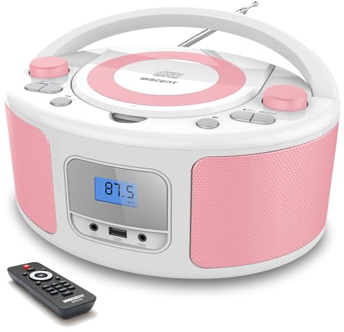 Radio CD,Radios portátiles Boombox, Reproductor de CD MP3 estéreo Portátil con Bluetooth, USB, Entrada Aux, Conector para Auriculares (Rosa)