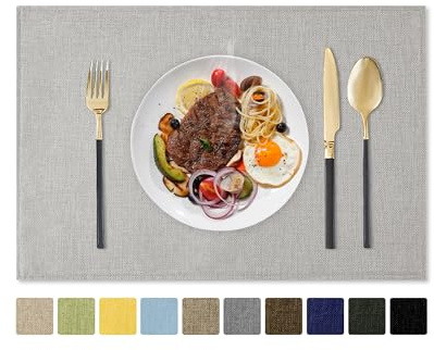 Romanstile Cloth Placemats Set of 6, Heat Resistant Double Layered Thickened Place Mats, Washable Faux Linen Farmhouse Table Mats for Kitchen/Dining/Party/Outdoor, Light Grey