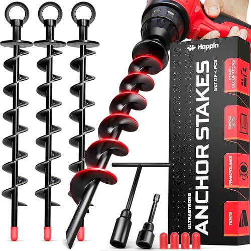 Happin® Trampoline Stakes, Trampoline Accessories, Ground Stakes Heavy Duty, Ground Anchors Screw in, Rebar Stakes, Tent Anchors, Yard Spikes, Galvanized Steel (4 Pack Spiral, Black)