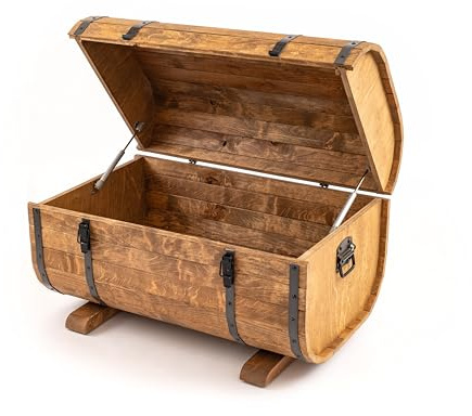 CREATIVE COOPER Holztruhe 180L – Rustikale Aufbewahrungskiste aus geöltem Erlenholz – Fass-Design – Für Innen & Außen – 80x50x50 cm