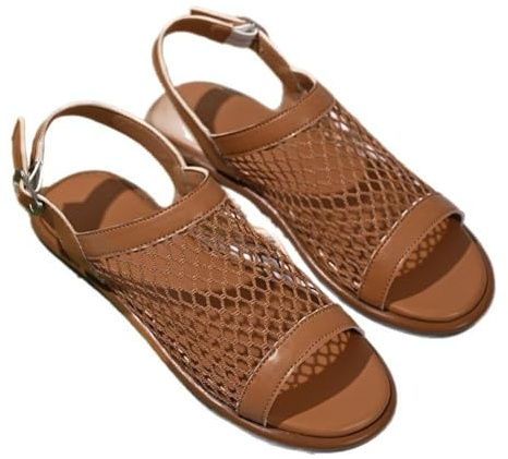 Women's Fashionable Solid Color Hollow Out Design Mary Jane Slingback Shoes, Flats Sandals, Casual Comfy Ballerina Summer, Lightweight Breathable, Ballet Mesh Barefoot Sneakerina Plus Size Office (brown,9.5)