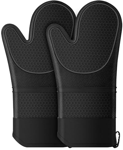 Oven Mitts, Anti-Slip Silicone Oven Gloves, Up to 500℉ for Kitchen Cooking | Oven Gloves Heat Resistant, Silicone Oven Mitts, EX-Black Oven glove for Home Ovens, Charcoal Grills, Campfire Cooking