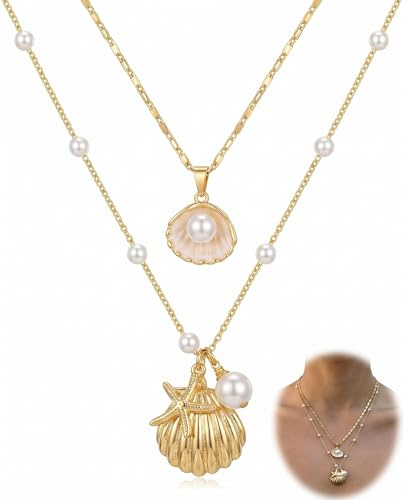 BIRLOZA Collar de Conchas en Capas con Charm para Mujer - Choker, Collar Boho, Diseño de Concha y Estrella de Mar (Oro)
