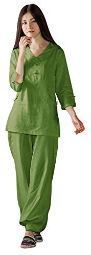 KSUA Frauen Tai Chi Uniform Chinesisch Kung Fu Kleidung Baumwolle Tai Chi Anzug mit Dreiviertel-Ärmeln, Grün EU M/Etikett L