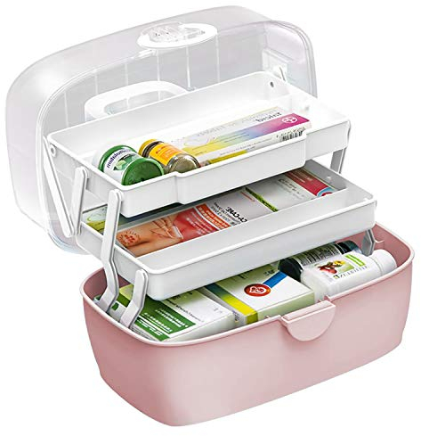 Gute Hausapotheke Schrank,Medizinbox,Erste-Hilfe-Box,Tragbare Aufbewahrung für Medizinkisten,Organizer-Box,3 Ebene Medizinkoffer, Aufbewahrungskoffer für zu Hause, im Freien, Pink 30X19X16 cm