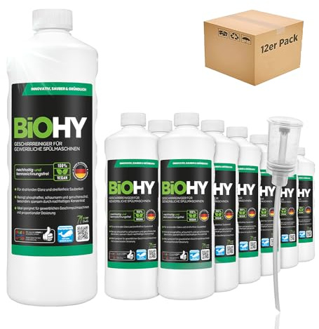 BiOHY Detergente para lavavajillas comercial (12 botellas de 1 litro) + Dosificador | Fórmula para disolver el las grasas | Apto para gastronomía, industria y hogares (Geschirrreiniger)