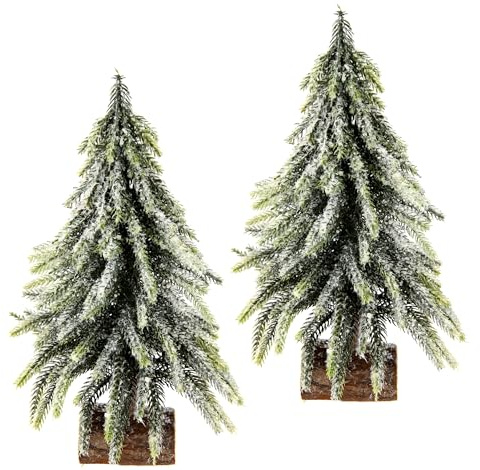 Künstlicher mini Tannenbaum auf Holzfuß geeist Schnee beschneit Kunstschnee Christbaum Kunst Kunsttanne Kleiner Weihnachtsbaum Weihnachtsdeko 2er Set