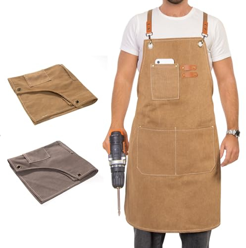 FIAMER Tablier en toile vêtement de protection réglable, tablier à outils, tablier de travail haute performance épais et ignifuge, tablier de travail avec poches Holzbearbeitung Ladenschürze (kaki)