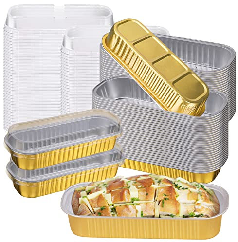 Merkaunis Set di 100 padelle in alluminio con coperchio, mini teglie per pagnotta, rettangolari in alluminio e alluminio, contenitori per ramekin, cupcake, brownie torte, pane, oro (100 set)